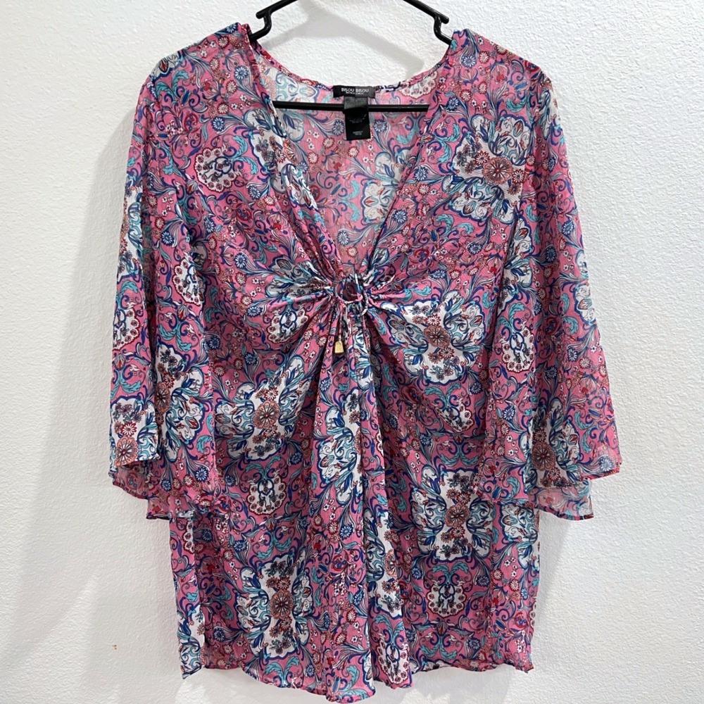 Bisou Bisou Paisley Chiffon Bell Sleeve V-Neck‎ Top Womens L Pink Boho 70s Retro
